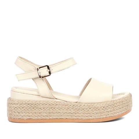 Kadın Bej Hasır Tabanlı Deri Sandalet