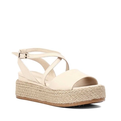 Kadın Bej Hasır Tabanlı Deri Sandalet