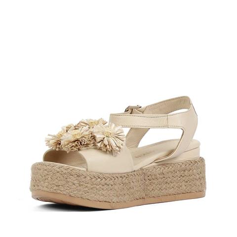 Kadın Bej Hasır Tabanlı Deri Sandalet