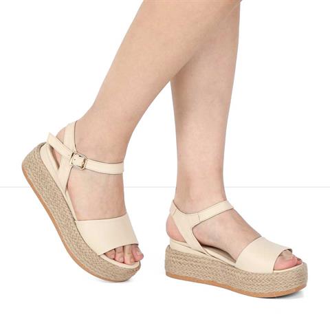 Kadın Bej Hasır Tabanlı Deri Sandalet