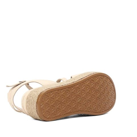 Kadın Bej Hasır Tabanlı Deri Sandalet