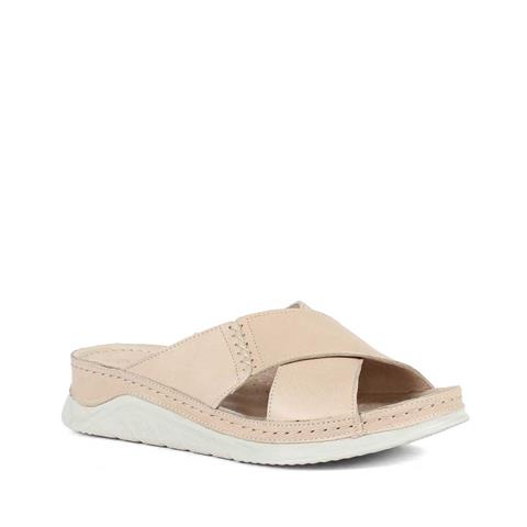 Kadın Bej Kalın Bantlı Deri Terlik