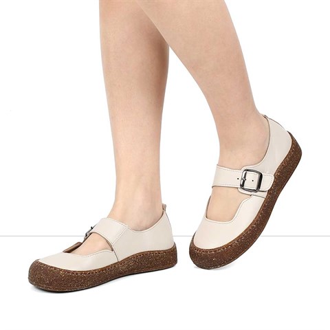 Kadın Bej Kalın Tabanlı Deri Ayakkabı