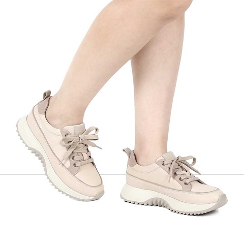 Kadın Bej Kalın Tabanlı Deri Sneaker