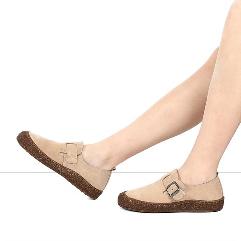 Kadın Bej Kalın Tabanlı Süet Deri Ayakkabı