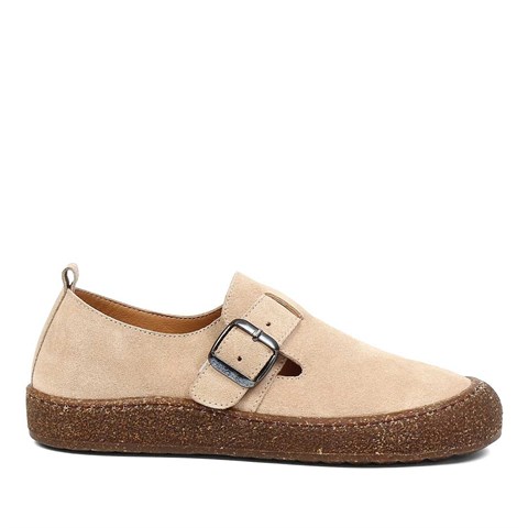 Kadın Bej Kalın Tabanlı Süet Deri Ayakkabı