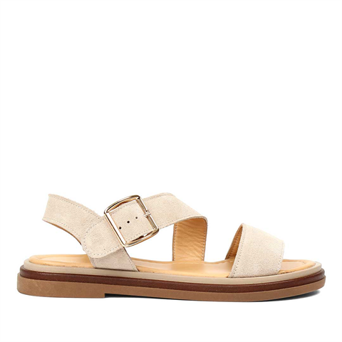 Kadın Bej Kalın Tokalı Süet Deri Sandalet