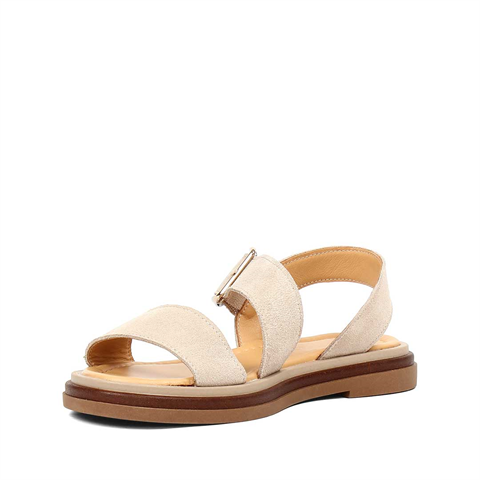 Kadın Bej Kalın Tokalı Süet Deri Sandalet