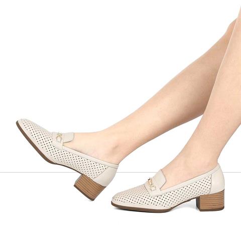 Kadın Bej Kalın Topuklu Deri Ayakkabı