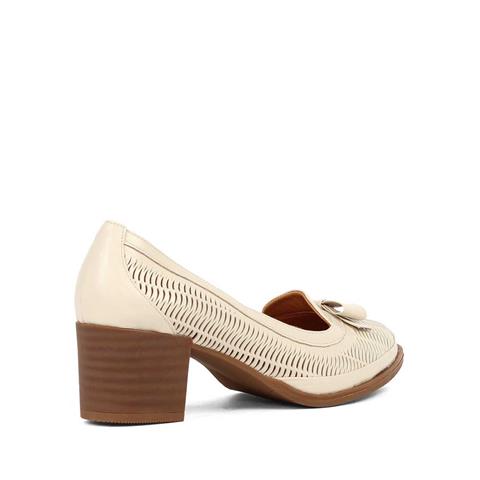 Kadın Bej Kalın Topuklu Deri Klasik Ayakkabı