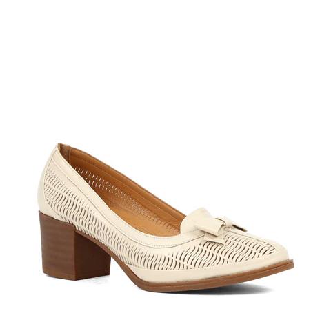 Kadın Bej Kalın Topuklu Deri Klasik Ayakkabı