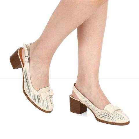 Kadın Bej Kalın Topuklu Deri Klasik Ayakkabı