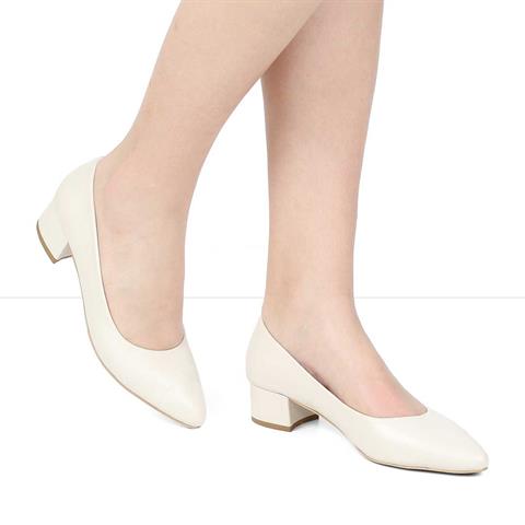 Kadın Bej Kalın Topuklu Deri Klasik Ayakkabı