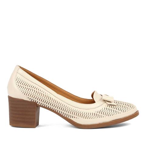 Kadın Bej Kalın Topuklu Deri Klasik Ayakkabı