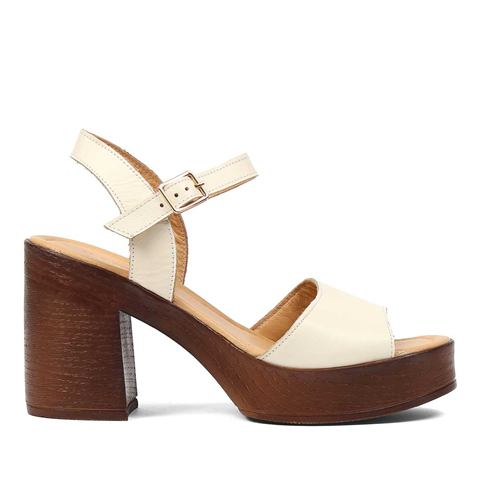 Kadın Bej Kalın Topuklu Deri Sandalet