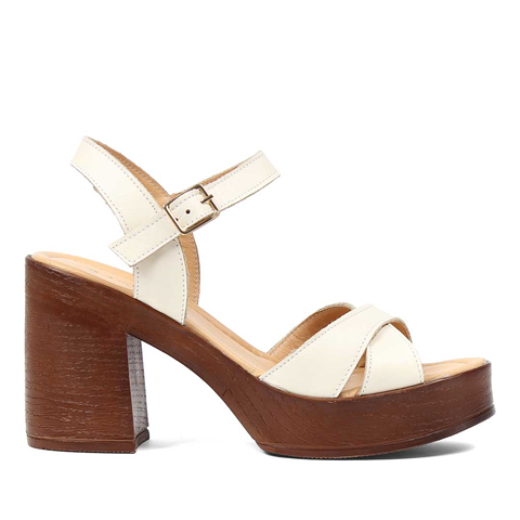 Kadın Bej Kalın Topuklu Deri Sandalet