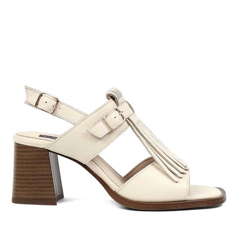 Kadın Bej Kalın Topuklu Deri Sandalet