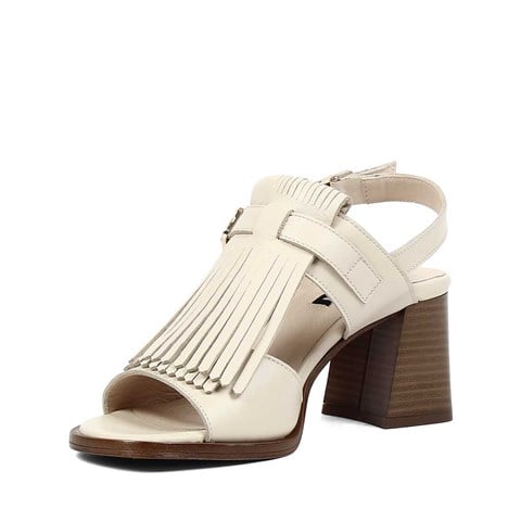 Kadın Bej Kalın Topuklu Deri Sandalet
