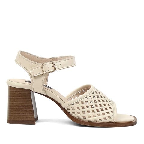 Kadın Bej Kalın Topuklu Deri Sandalet