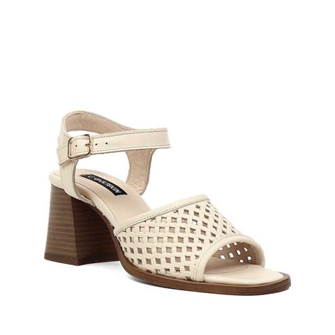 Kadın Bej Kalın Topuklu Deri Sandalet