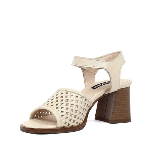 Kadın Bej Kalın Topuklu Deri Sandalet