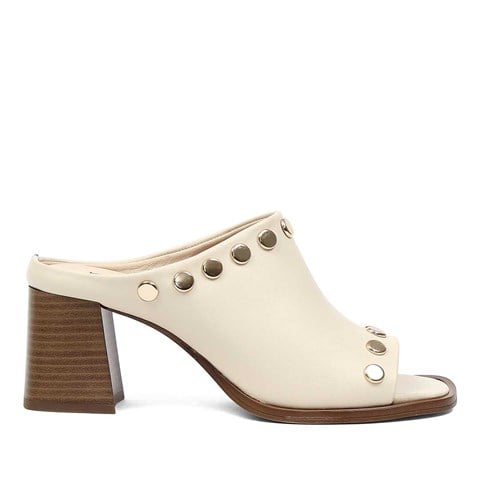 Kadın Bej Kalın Topuklu Deri Terlik