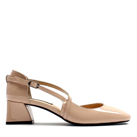 Kadın Bej Kalın Topuklu Rugan Deri Klasik Ayakkabı