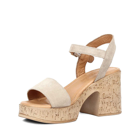 Kadın Bej Kalın Topuklu Süet Deri Sandalet