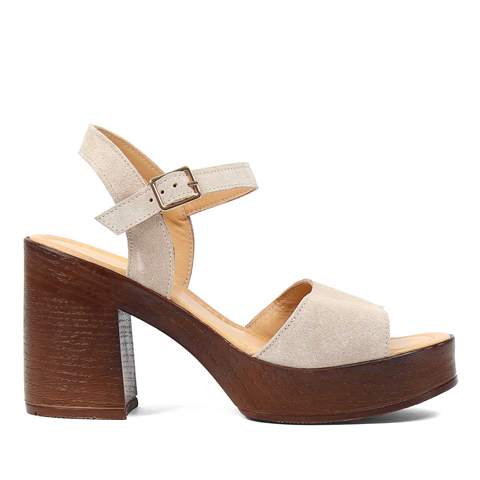 Kadın Bej Kalın Topuklu Süet Deri Sandalet