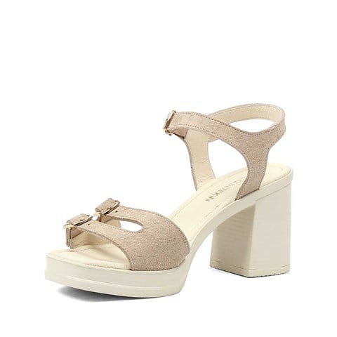 Kadın Bej Kalın Topuklu Süet Deri Sandalet