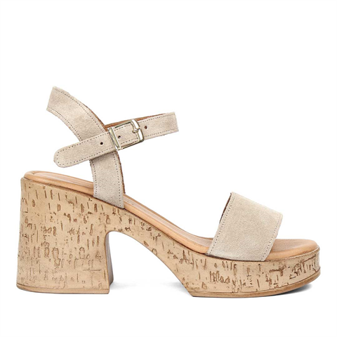 Kadın Bej Kalın Topuklu Süet Deri Sandalet