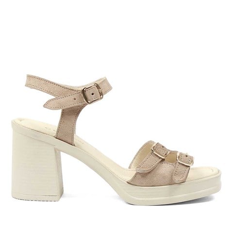 Celal Gültekin Kadın Bej Kalın Topuklu Süet Deri Sandalet