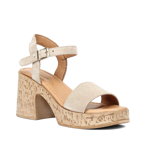 Kadın Bej Kalın Topuklu Süet Deri Sandalet