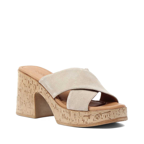 Kadın Bej Kalın Topuklu Süet Deri Terlik