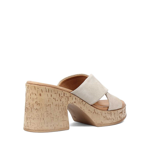 Kadın Bej Kalın Topuklu Süet Deri Terlik