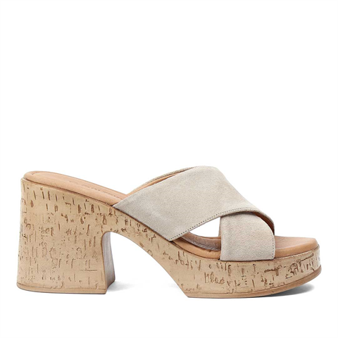 Kadın Bej Kalın Topuklu Süet Deri Terlik