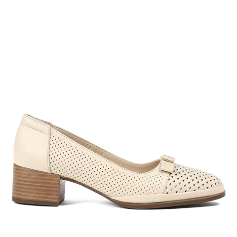 Kadın Bej Kısa Kalın Topuklu Deri Ayakkabı