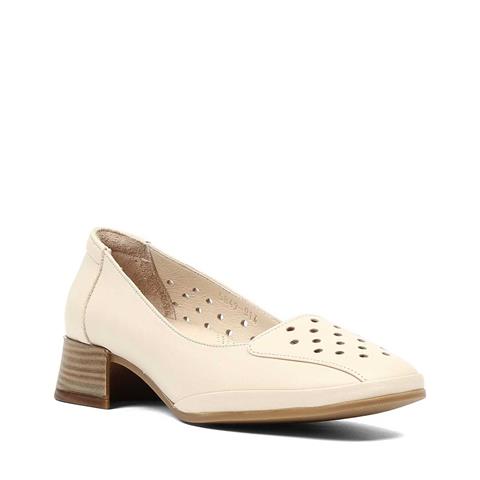 Kadın Bej Kısa Kalın Topuklu Deri Ayakkabı