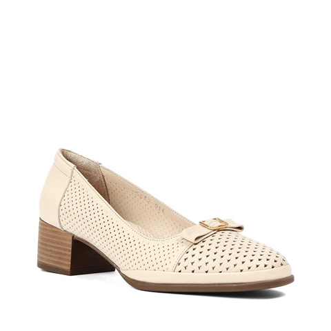 Kadın Bej Kısa Kalın Topuklu Deri Ayakkabı