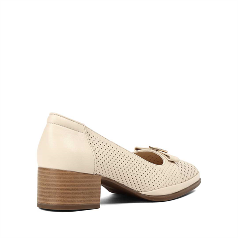 Kadın Bej Kısa Kalın Topuklu Deri Ayakkabı