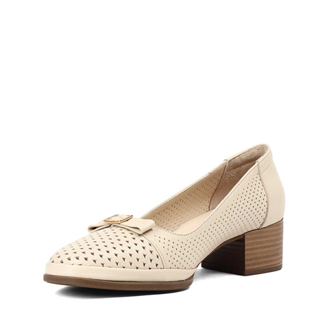 Kadın Bej Kısa Kalın Topuklu Deri Ayakkabı