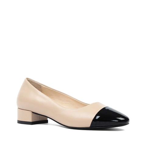 Kadın Bej Kısa Kalın Topuklu Siyah Rugan Deri Klasik Ayakkabı