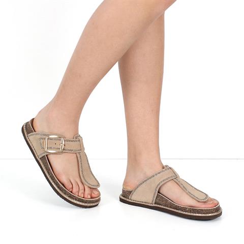 Kadın Bej Parmak Arası Süet Deri Terlik