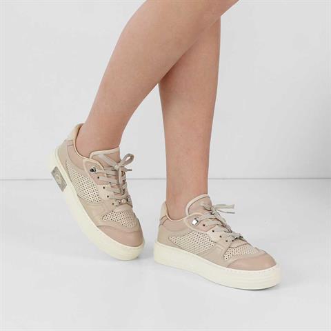Kadın Bej Pudra Bağcıklı Kalın Tabanlı Deri Sneaker