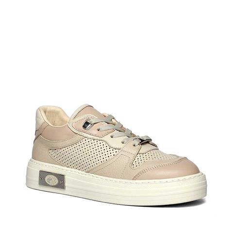 Kadın Bej Pudra Bağcıklı Kalın Tabanlı Deri Sneaker