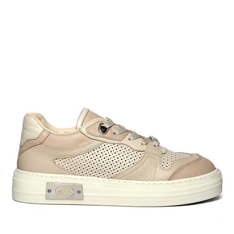 Kadın Bej Pudra Bağcıklı Kalın Tabanlı Deri Sneaker