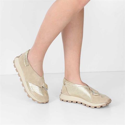 Kadın Bej Süet Altın Deri Sneaker