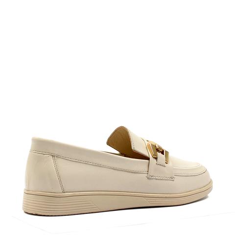 Kadın Bej Tokalı Deri Loafer