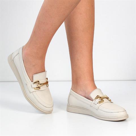 Kadın Bej Tokalı Deri Loafer