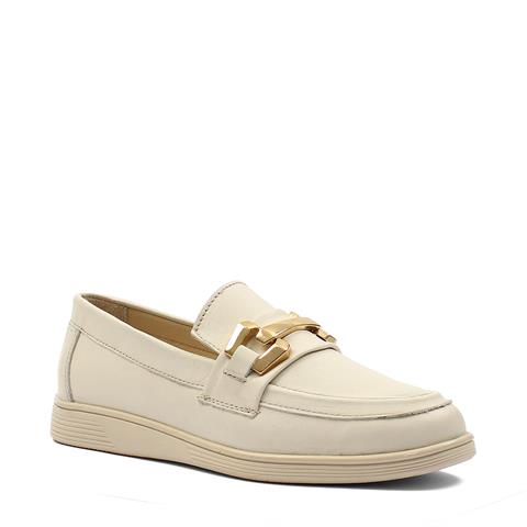 Kadın Bej Tokalı Deri Loafer